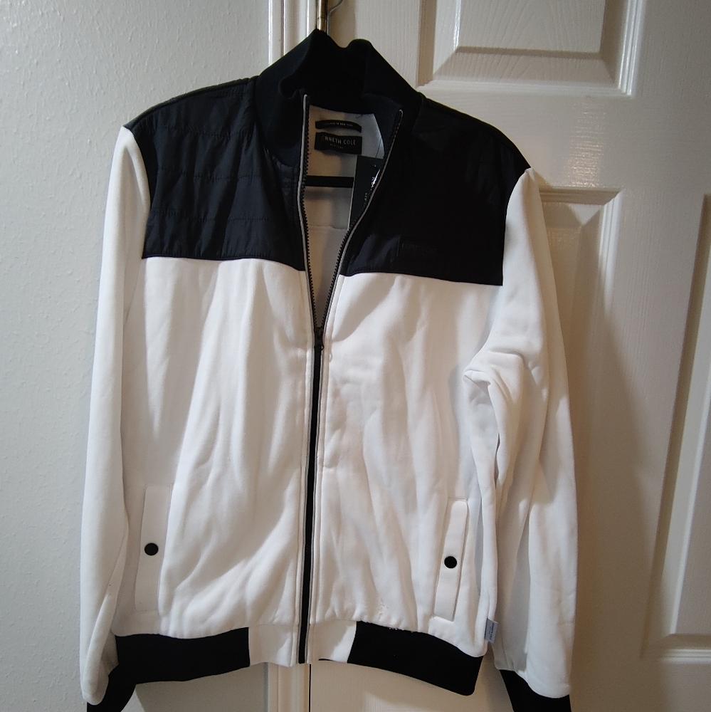 Kenneth Cole Men's Medium White Black Full Zip Mixed Media Jacket New With Tags